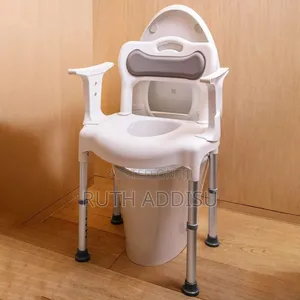 White and Grey Shower Commode Chair Features Adjustable Height Legs