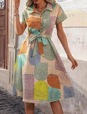 Women's Multicolor Geometric Print Midi Dress With Belt