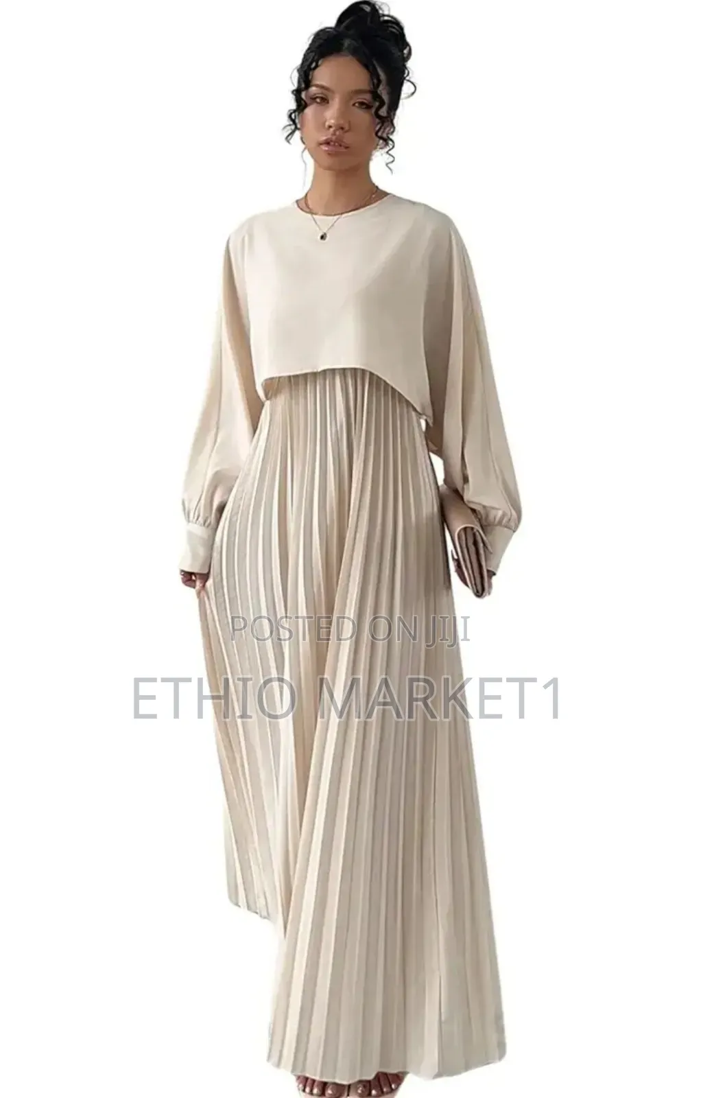 Elegant Pleated Maxi Dress With Long Bishop Sleeves