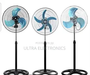 Fan Pedestal Features a Silver Cage and Blue Blades
