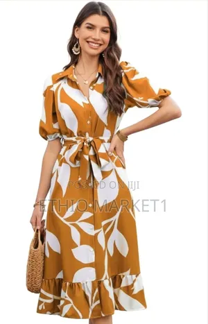 Casual Midi Dress Golden Brown With White Botanical Print