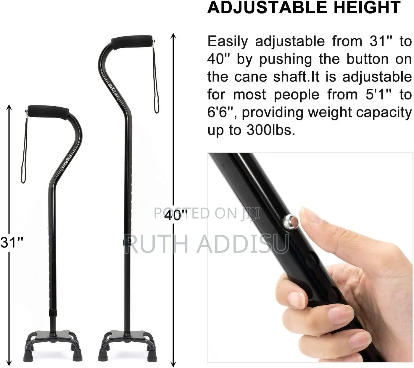 Bariatric Quad Cane Small Base (Black) Adjustable Heoght Cane Medical