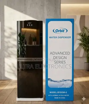 Orbit Water Dispenser Featuring a Sleek Black Glass Patterned Decorat