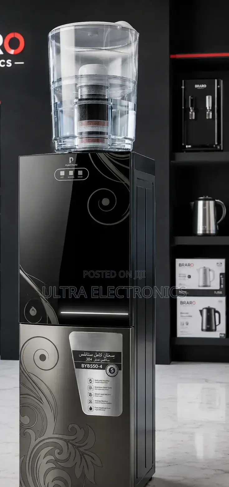 Water Purifier Features a Top-Mounted Filtration Tank and a Black Body