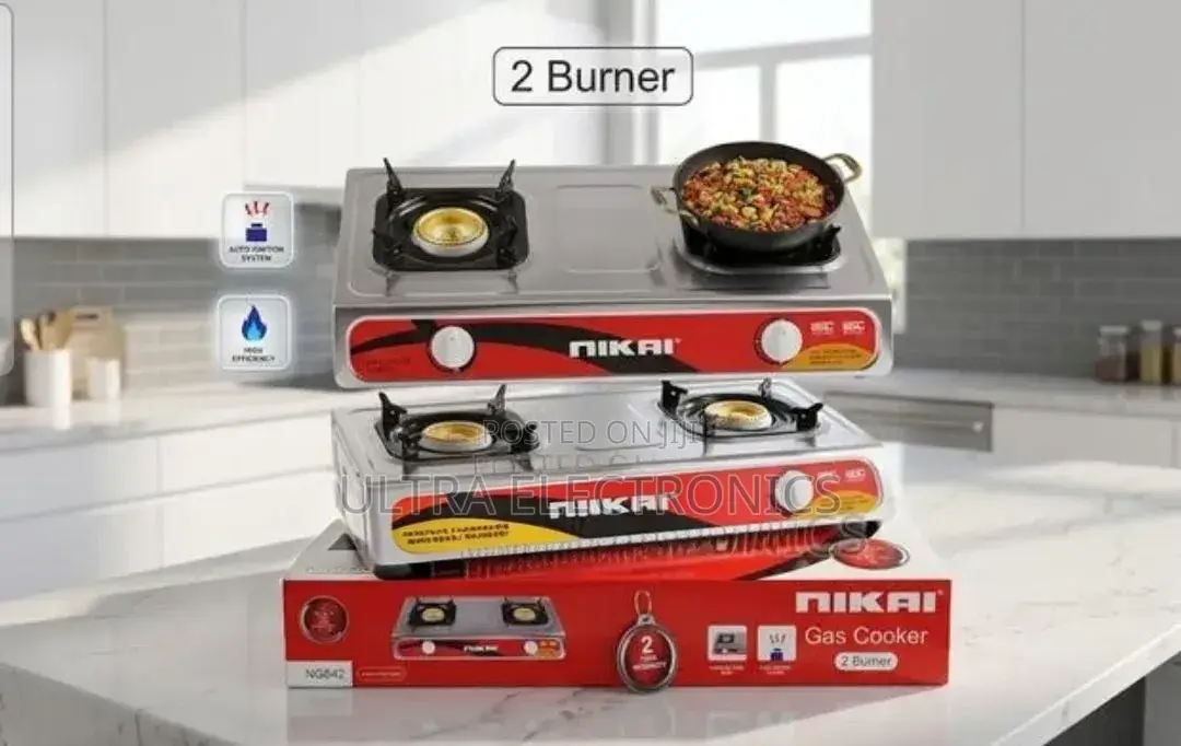Nikai 2-Burner Gas Stove Features Auto-Ignition Stainless Steel Body