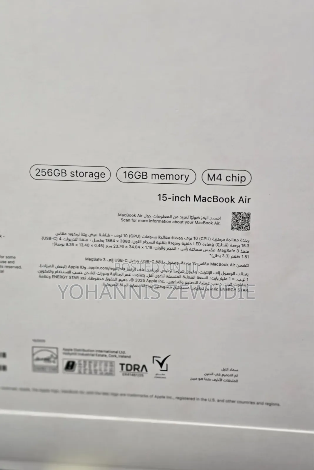 New Laptop Apple MacBook Air 2025 M4 16GB Apple M4 SSD 256GB