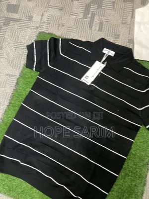 Men's Black White Striped Knitted Polo Shirt