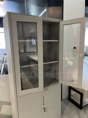 Metal Storage Cabinet With Glass Doors.