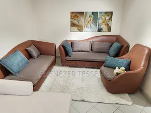 ሶፉ - Imported/Complete 3-Piece Sofa Set - Brown Faux Leather With Teal
