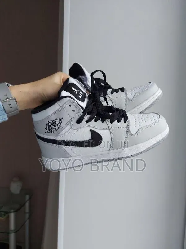 Nike Air Jordan 1 Mid Sneakers Light Smoke Grey, White, and Black
