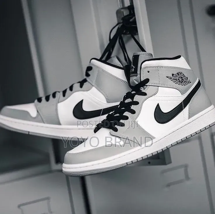 Nike Air Jordan 1 Mid Sneakers Light Smoke Grey, White, and Black
