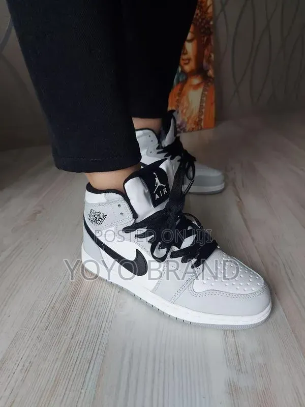 Nike Air Jordan 1 Mid Sneakers Light Smoke Grey, White, and Black