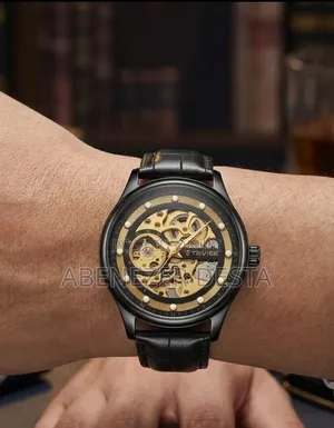 Tevise Automatic Skeleton Watch With A Black Leather Strap L