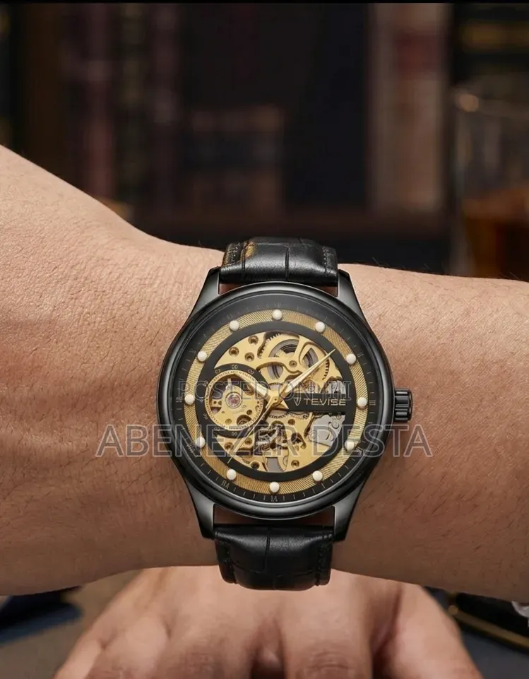 Tevise Automatic Skeleton Watch With A Black Leather Strap L