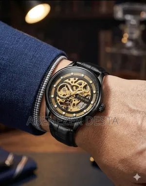 Tevise Automatic Skeleton Watch With A Black Leather Strap L