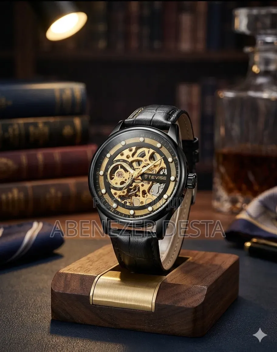 Tevise Automatic Skeleton Watch With A Black Leather Strap L