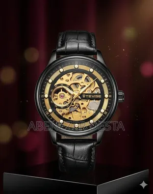Tevise Automatic Skeleton Watch With A Black Leather Strap L