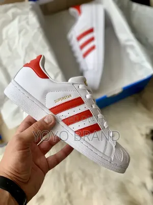Adidas Superstar Classic White Leather Upper With Bold Red Stripes