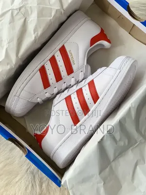 Adidas Superstar Classic White Leather Upper With Bold Red Stripes