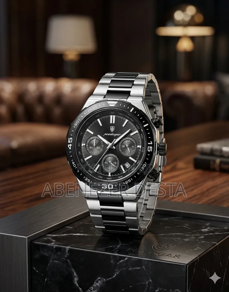 Poedgar Chronograph Watch Features a Black Patterned Dial and a Silver
