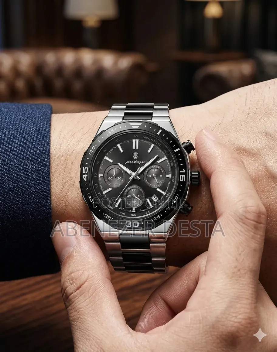 Poedgar Chronograph Watch Features a Black Patterned Dial and a Silver