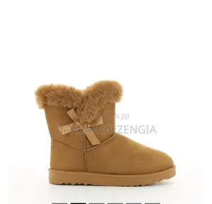 Girls Bow Fluffy Boots - Brown