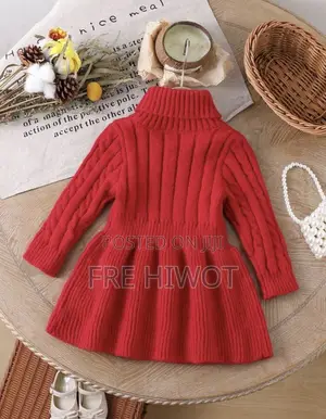 Red Cute Baby Girl Turtleneck Cable Knit Flare Hem Dress