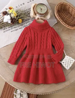 Red Cute Baby Girl Turtleneck Cable Knit Flare Hem Dress
