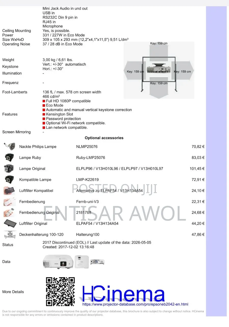 Epson 2042 Full Hd 3lcd Wifi Wireless Cinema Projector 4,400-Lumens