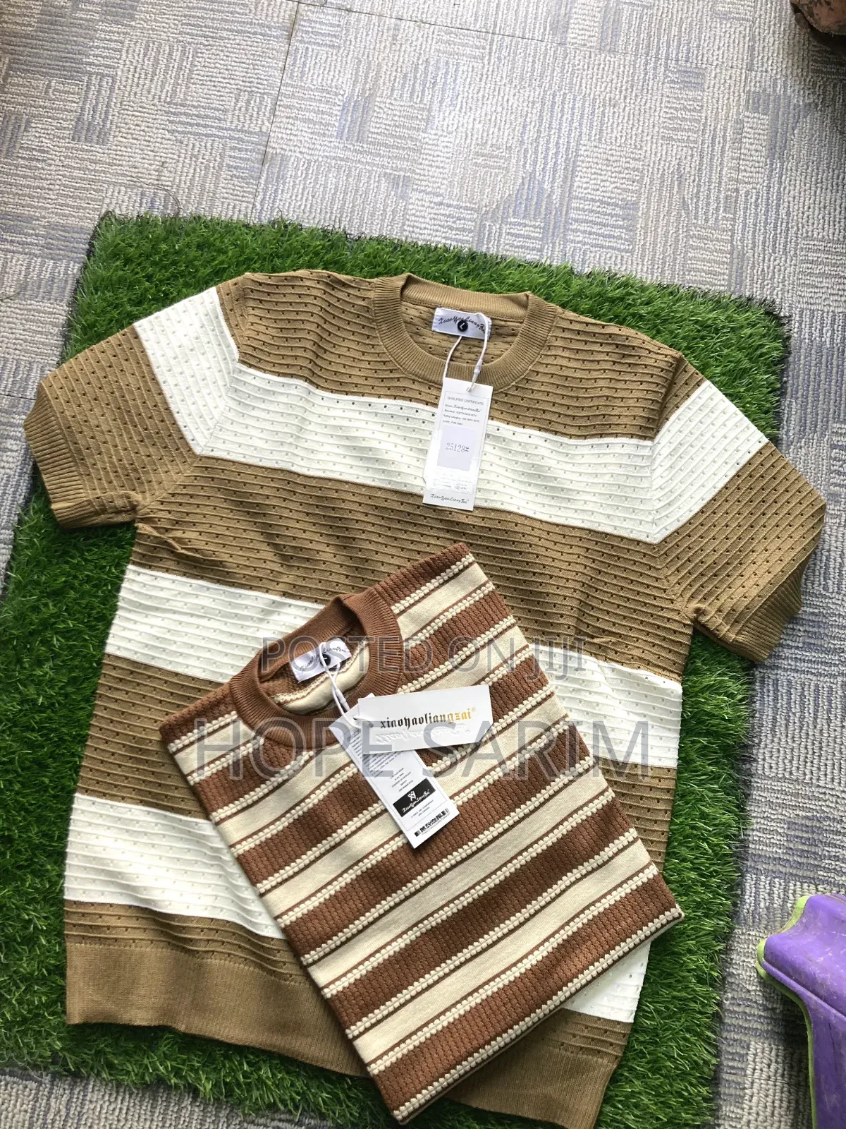 Men's Striped Knitted Short-Sleeve Crewnecks