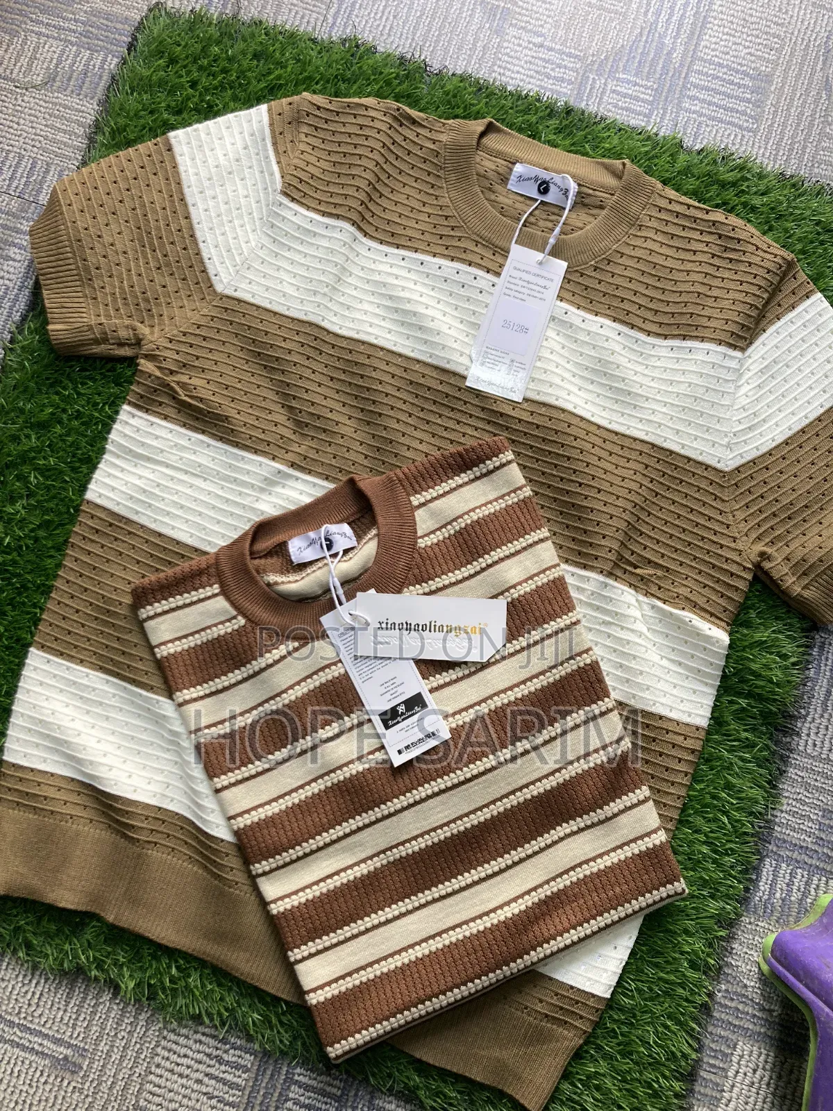 Men's Striped Knitted Short-Sleeve Crewnecks
