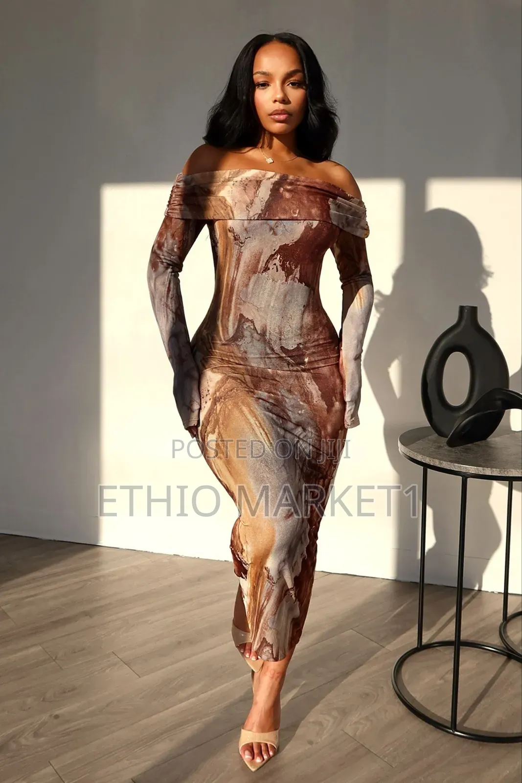Luxury Off-the-shoulder Marble Print Bodycon Maxi Dress