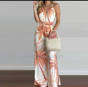 Vibrant Tropical Palm Print Halter Maxi Jumpsuit