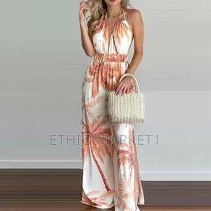 Vibrant Tropical Palm Print Halter Maxi Jumpsuit