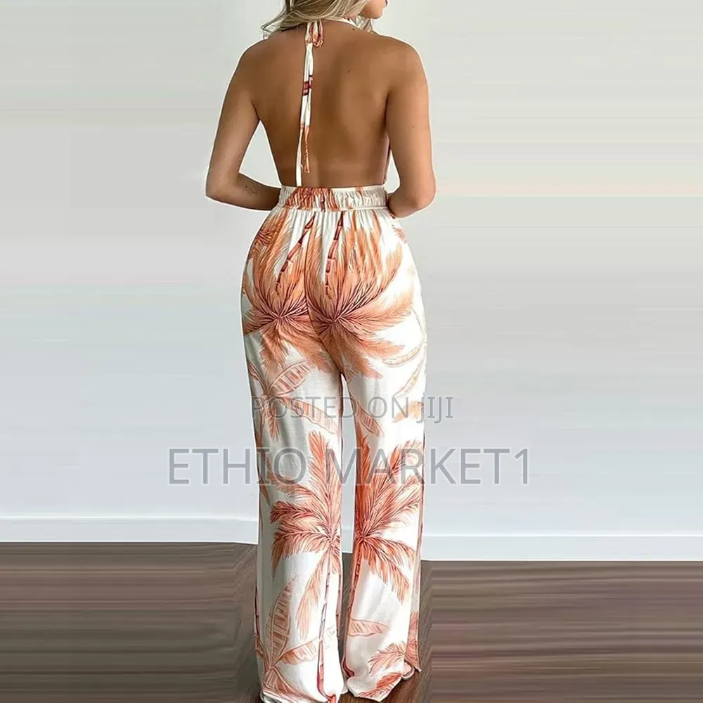 Vibrant Tropical Palm Print Halter Maxi Jumpsuit