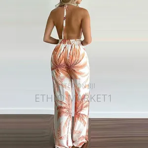 Vibrant Tropical Palm Print Halter Maxi Jumpsuit