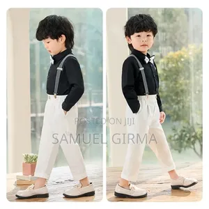 4 Pieces Set Boys Casual Outfit (Shirt, Pant, Bow Tie, Suspender)