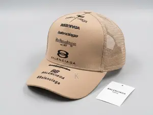 Balenciaga Multi-Logo Embroidered Mesh Trucker Hat in Beige