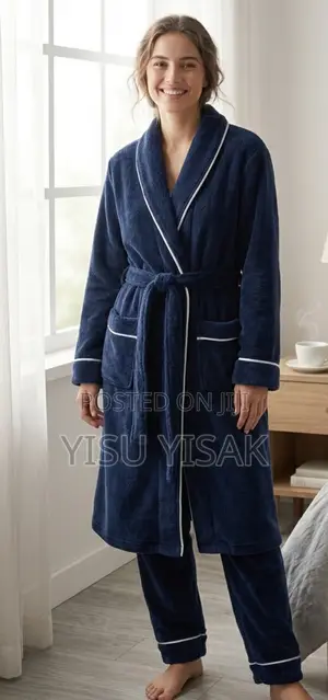 Luxurious Plush Fleece Bathrobe Pajama Set – Navy Blue