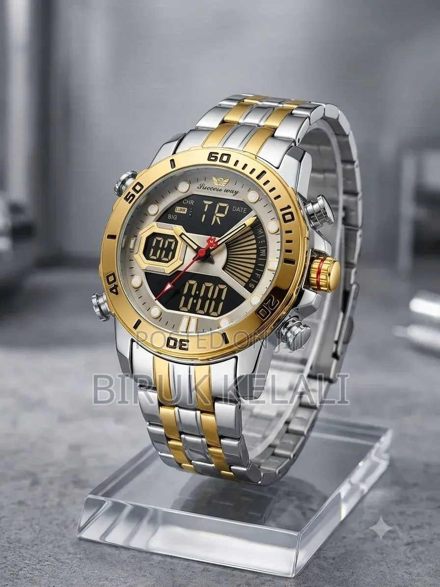 Men's Sports Watch Featuring a Black Stainless Steel Strap