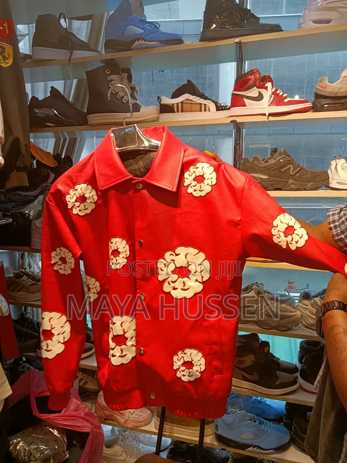 Streetwear Red Leather Jacket With Flower Patches