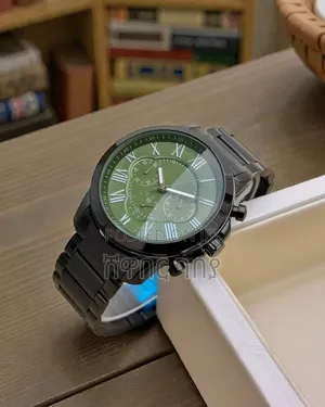 Luxury-Style Black Stainless Chronograph Watch With Green Roman Dial