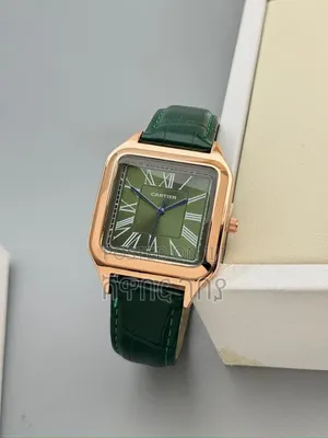 Square Rose Gold Green Leather Roman Dial Wristwatch