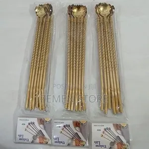 6pcs Gold Stainless Steel Spoon Straw Set - Reusable Metal Straws
