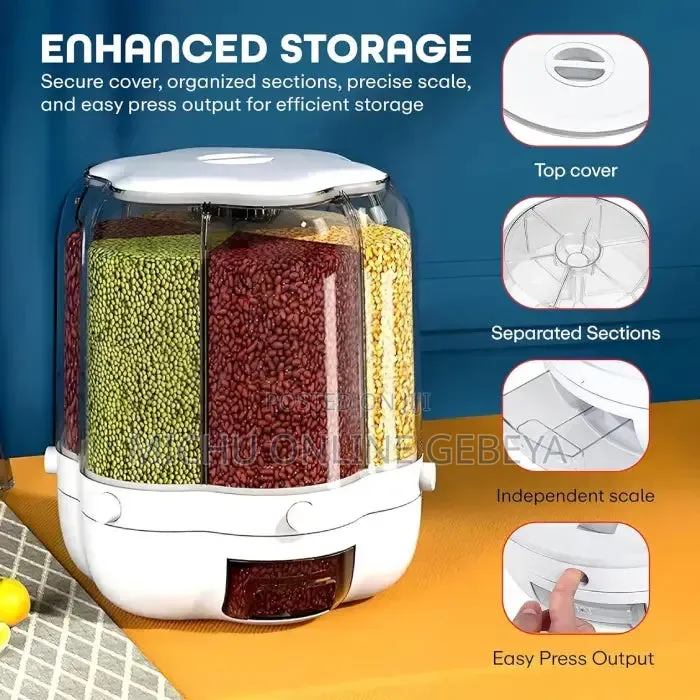 6 in 1 Rotating Cereal Dispenser ትልቁ ሳይዝ የጥራጥሬ ማስቀመጫ/ Free Delivery