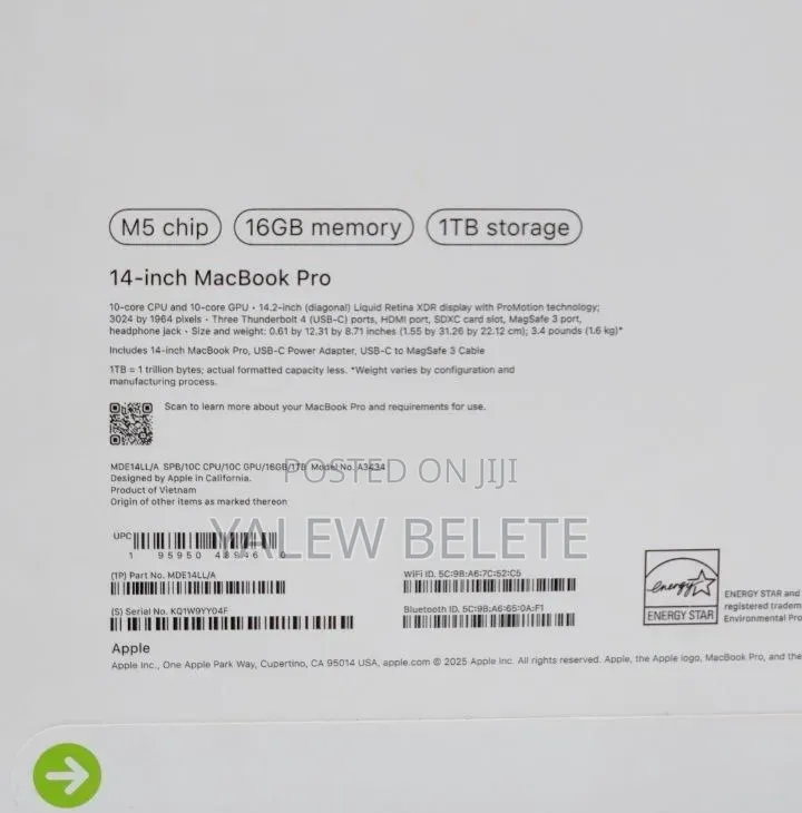 New Laptop Apple MacBook Pro 16GB Apple M5 SSD 1T