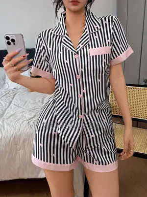 Button-Up Women's Short Sleeve Striped Pajamas