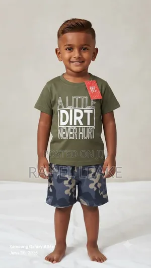 Patpat Olive Green Tee Camo Shorts Kids Set (Size 100 / 3–4y)