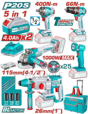 Total 20v Lithium-Ion Industrial 5-Piece Combo Kit.
