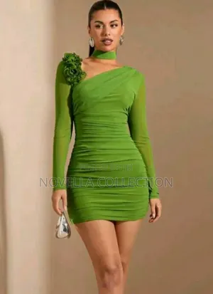 Green Elegant Asymmetric Neck Bodycon 3d Flower Long Sleeve Mini Dress